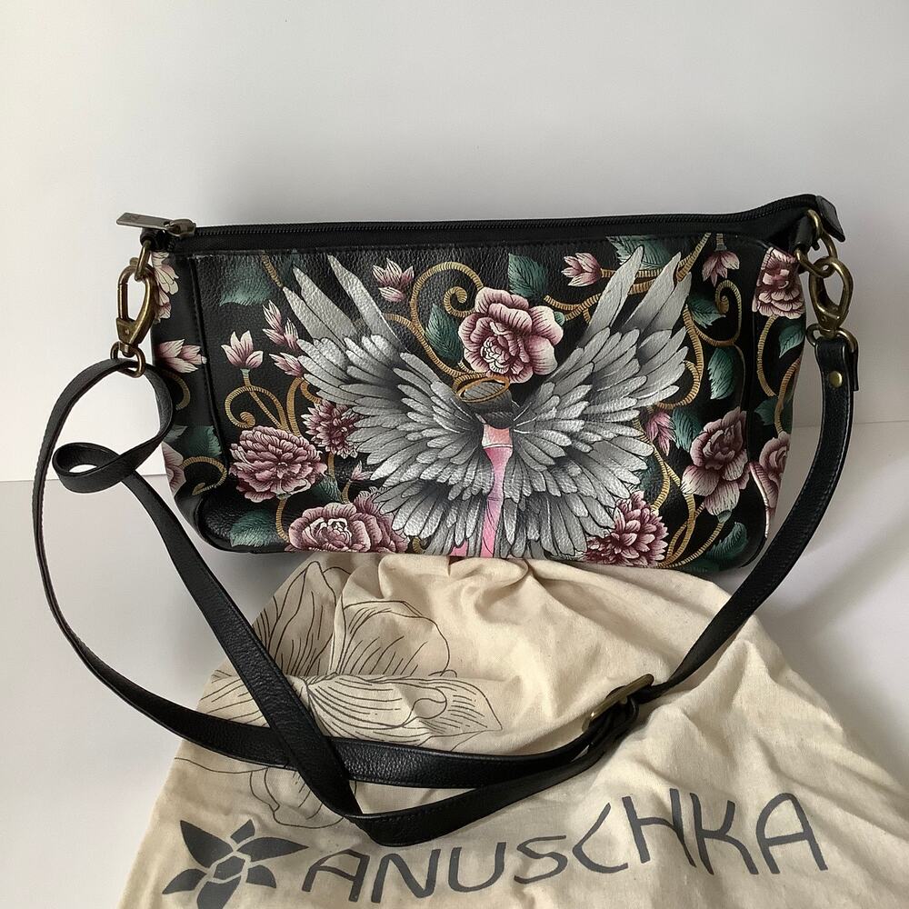 Anuschka Handpainted Leather Shoulder Bag Crosbody Guardian Angel Floral